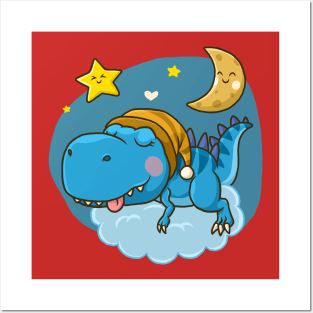 cute dino sleeping moon Posters and Art